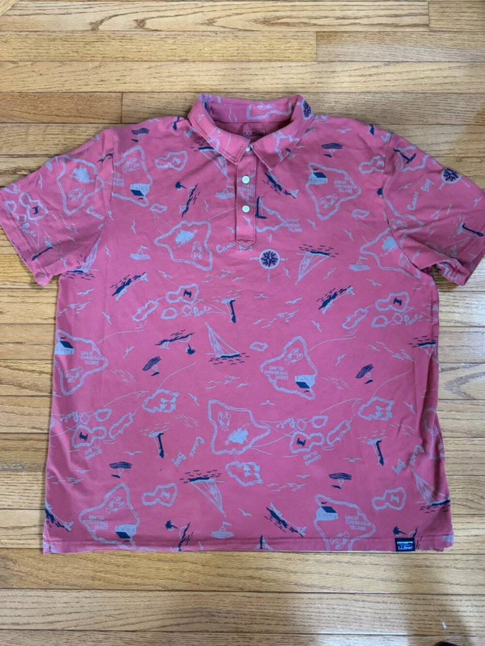 L.L. Bean Men’s Polo Traditional Fit Cotton Polo – Map Print – Berry Red